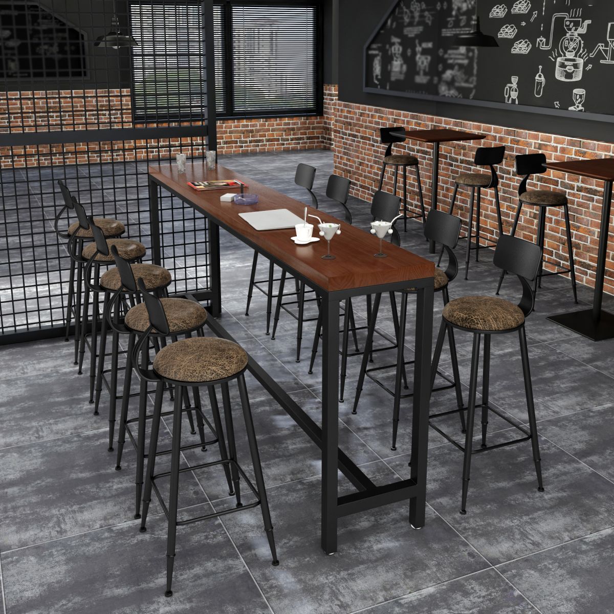 Pine Wood Bar Dining Table Industrial Rectangle Bar Table with Trestle Base for Cafe