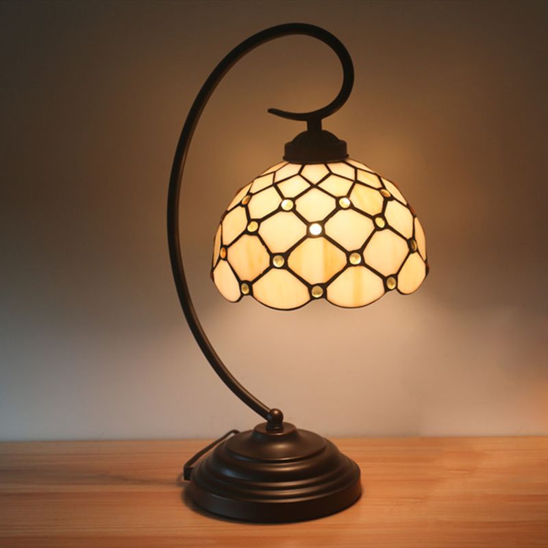 Bronze Bowl Night Table Lamp Tiffany 1 Head Beige/White Glass Clear/Blue/Green Beaded Patterned Desk Light with Swirl Arm