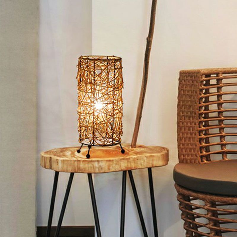 Modern Style Cylindrical Table Light Rattan Single-Bulb Living Room Nightstand Lighting