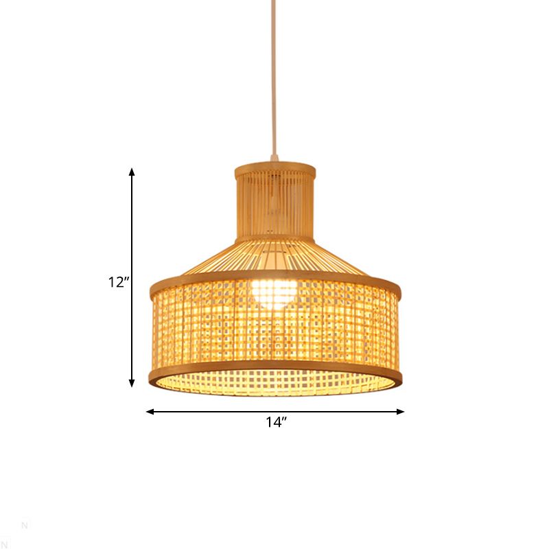 Lampe suspendue en forme de grange style contemporain bambou 1 tête de plafond beige têtes en beige