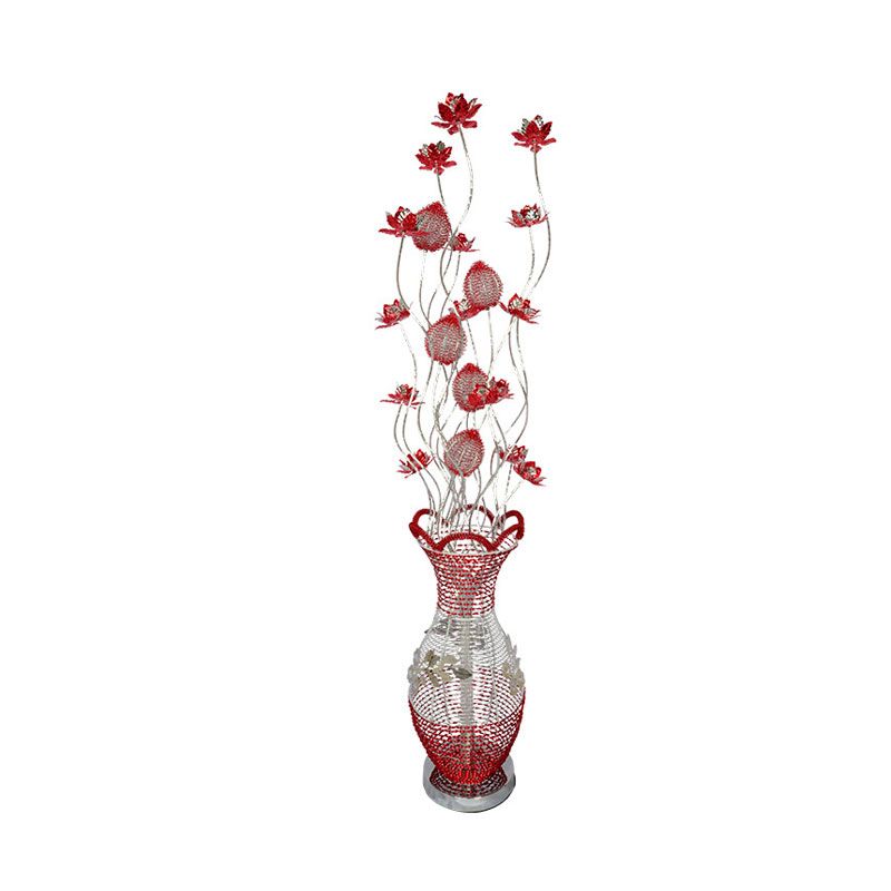 LED Vase Shape Floor Lamp Decorative Red Metallic Standing Light with Flower Design