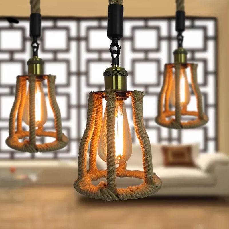 1-Bulb Natural Fiber Rope Pendant Rustic Brown Cage Sitting Room Suspension Lighting