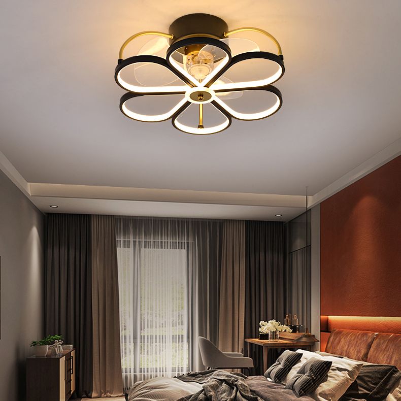 Minimalist Flower Semi Flush Mount Lamp Metal Living Room LED Ceiling Fan Light Fixture