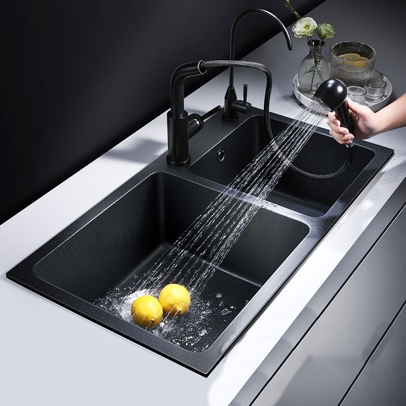 Modern Quartz Kitchen Double Basin Overflow Hole Sink Kitchen Sink in Black