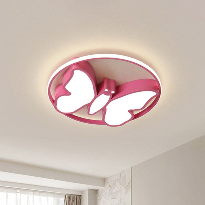 Butterfly Flush Mount Light Kids Acrylic White/Pink/Blue LED Ceiling Fixture with Glow Hoop in Warm/White Light