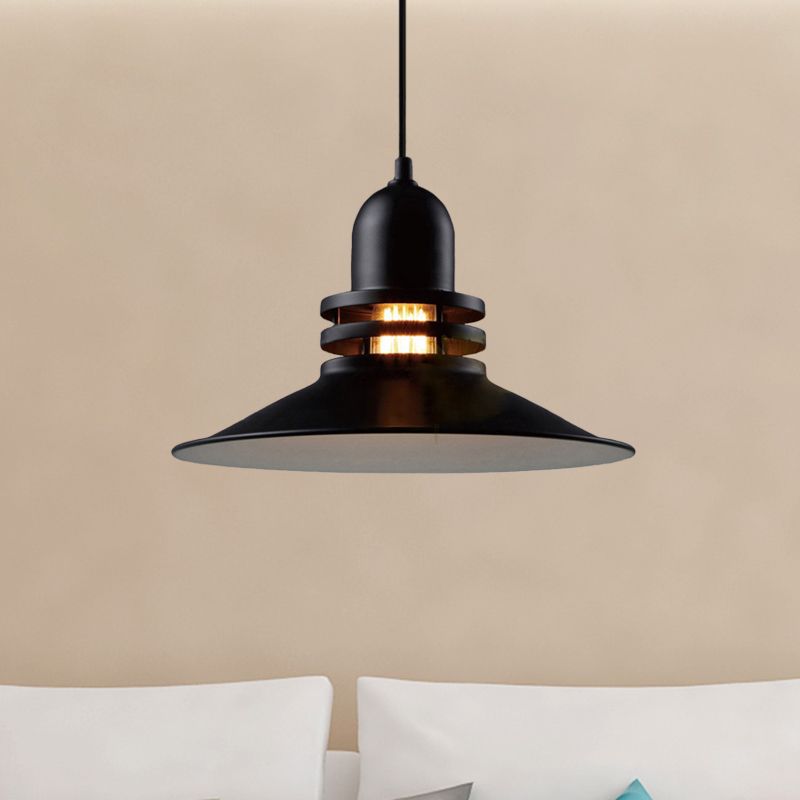 Wide Flare Iron Suspension Light Vintage 1 Light Restaurant Hanging Ceiling Lamp in Black