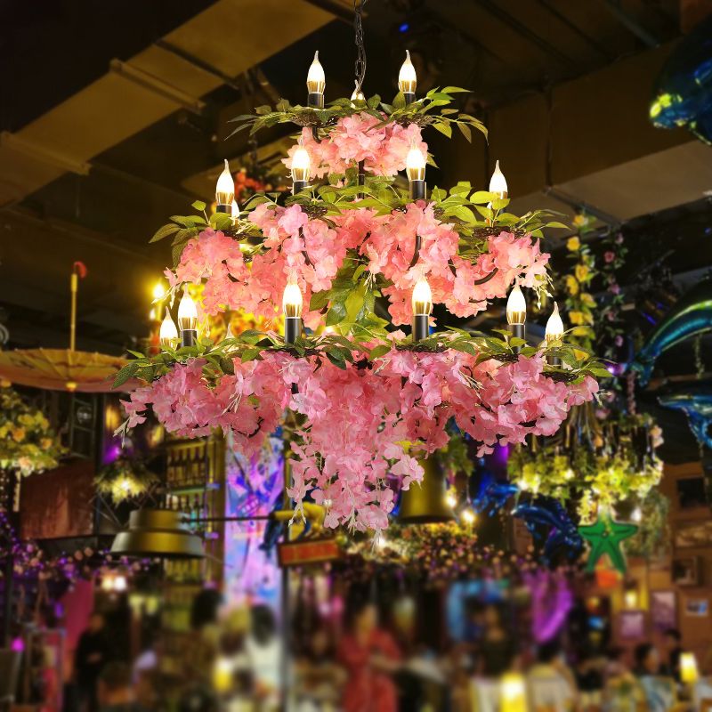 Luz de lámpara de hierro de vela de 3 niveles 21 cabezas lámpara colgante de techo de flor de restaurante en rosa