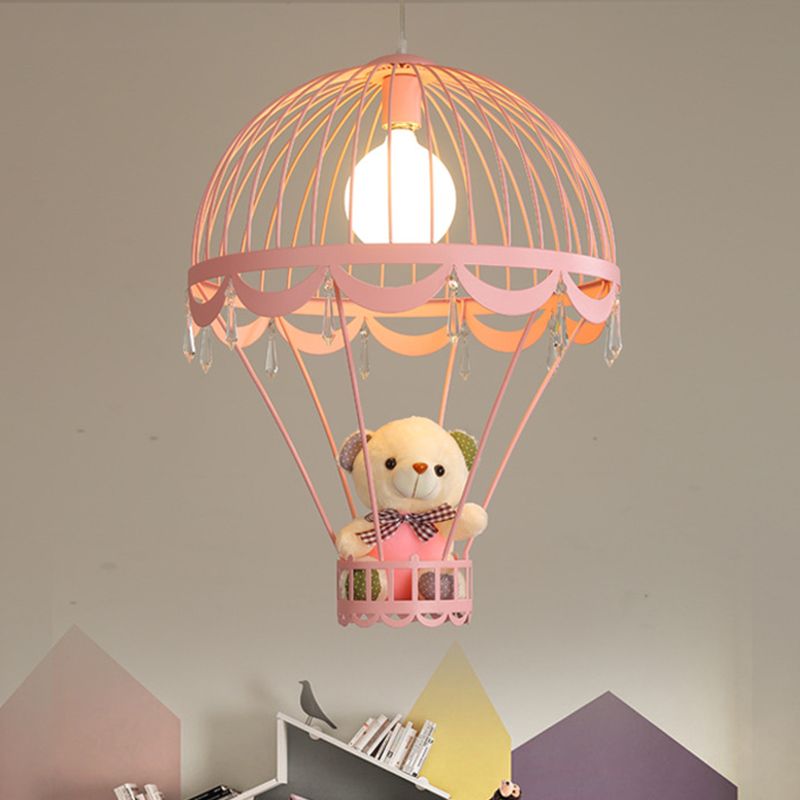 Hot Air Balloon Ceiling Light Kids Iron 1 Light Pink/Blue Hanging Pendant Lamp with Bear Decoration