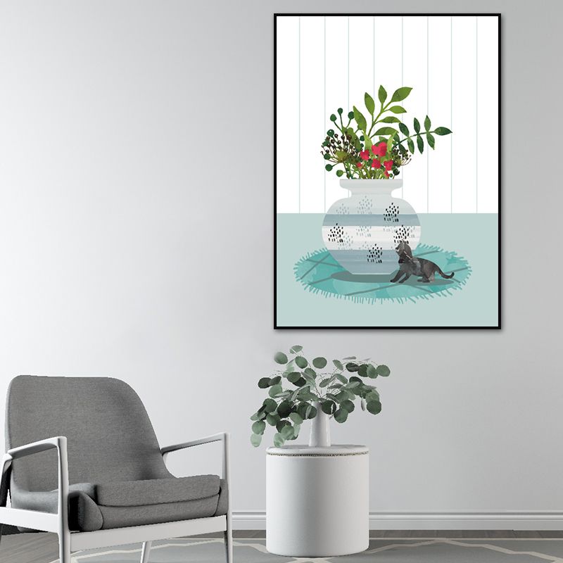 Cat and Pot Plant Art Print Soft Color Canvas Wall Decor for Living Room, Textured Surface