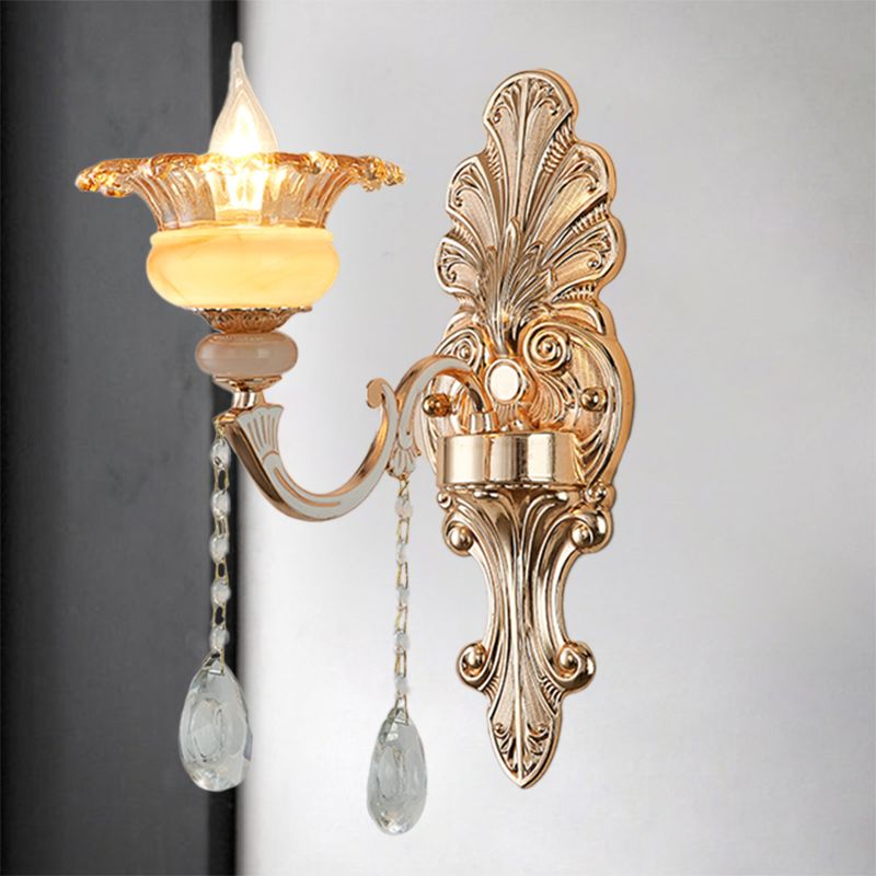 1/2-Head Wall Sconce Mid-Century Floral Crystal Wall Lighting Idea in Gold for Bedside