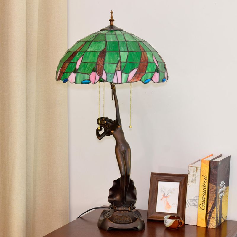 Coffee Female Dancer Nightstand Light Tiffany 3 Bulbs Resin Pull-Chain Table Lighting with Green Glass Shade