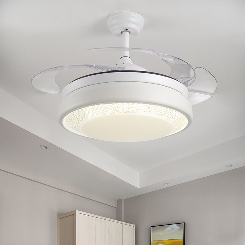 Acrylic Drum-Shaped Ceiling Fan Light Minimalism White 4-Blade LED Semi Flush Mount Lighting, 42" Wide