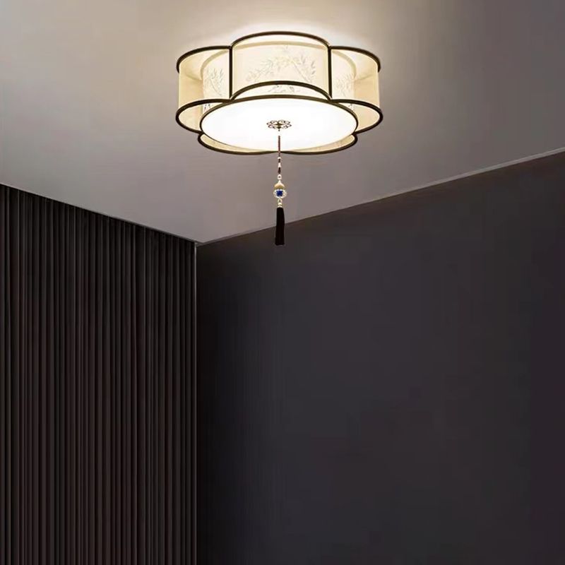 New Chinese Style Ceiling Light Geometry Shape Ceiling Lamp with Fabric Shade for Bedroom