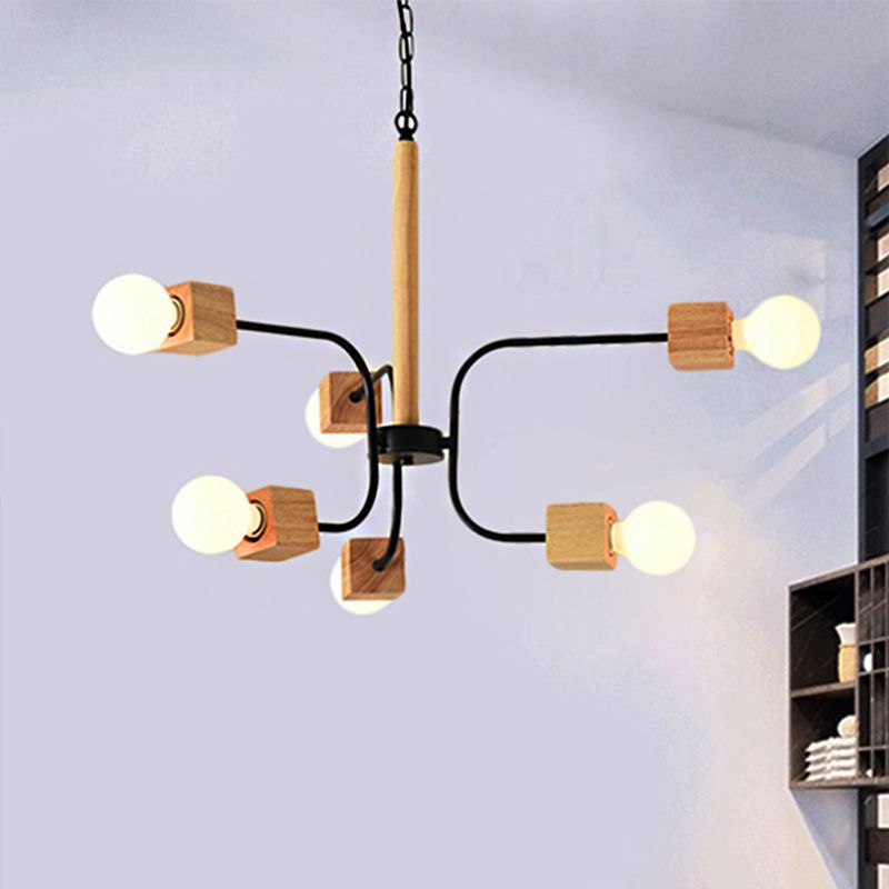 White/Black Curved Arm Pendant Chandelier Modernist Multi Lights Wood Hanging Lamp Fixture with Chain