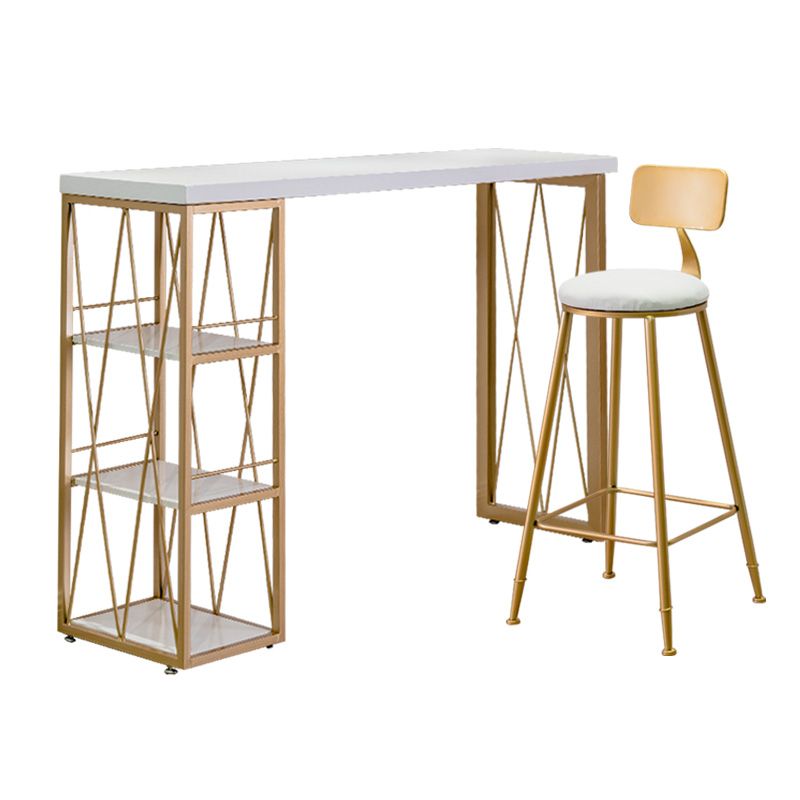 Glam Iron Bar Dining Table White Wood Rectangle Indoor Bistro Table with Shelf
