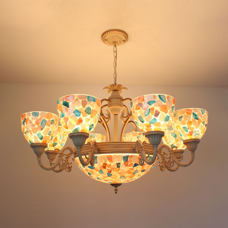 Tiffany Mosaic Pendant Chandelier 9/11 Lights Shell Hanging Plafond Light en beige pour le salon, Up / Down