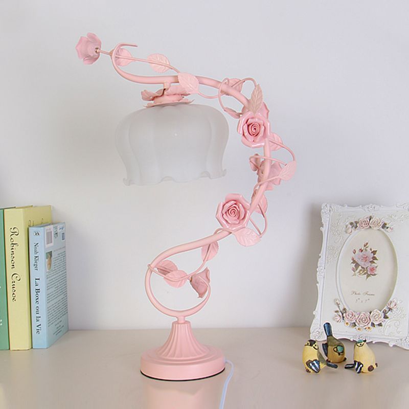 Pastoral Bloom Nightstand Lamp 1 Bulb Frosted White Glass Night Table Light in Pink