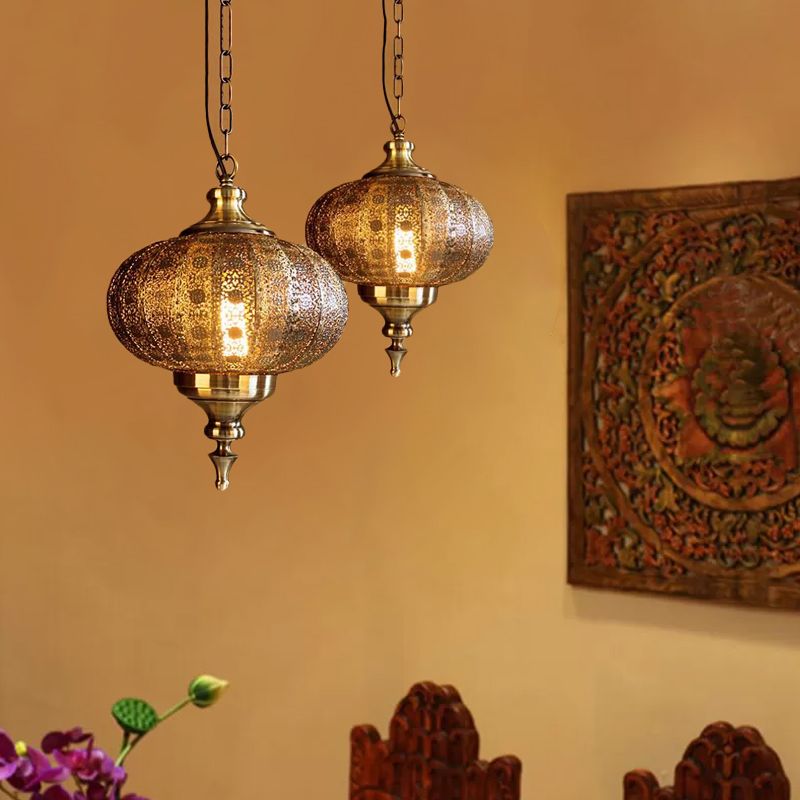 Metallic Teardrop/Lantern Hanging Pendant Retro 1 Light Brass Exquisite Hollowed Ceiling Lamp, 16"/18"/19.5" Wide
