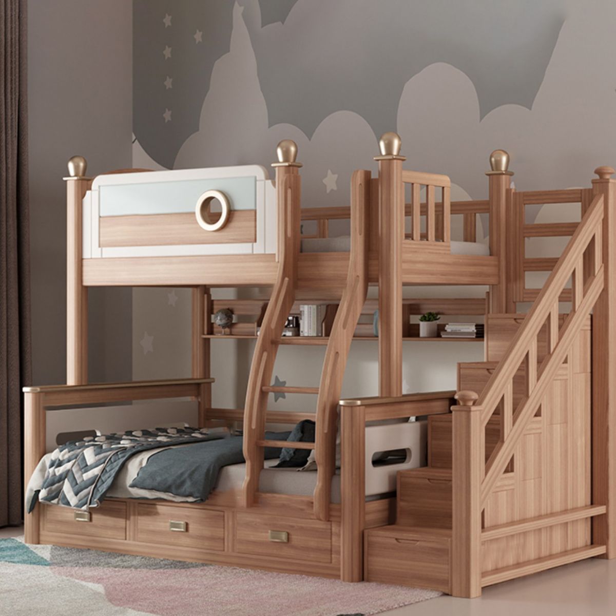 Gender Neutral Solid Wood Kids Bed Mid-Century Modern Bunk Bed with Storage