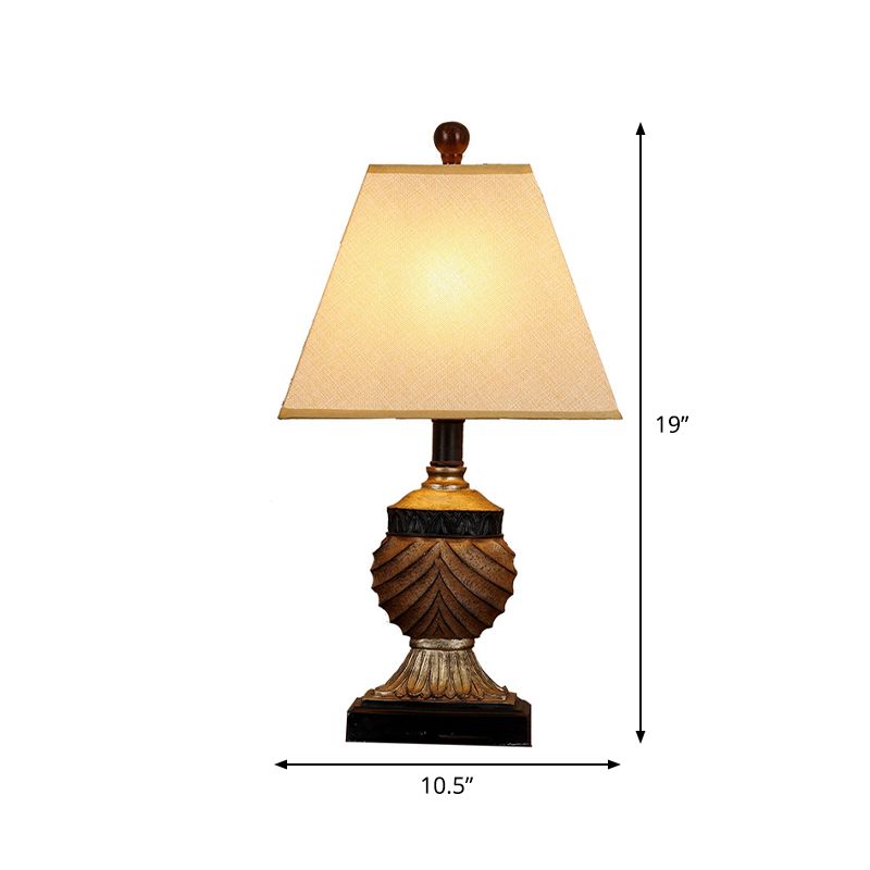 Retro Pinecone Ball Table Lamp 1 Head Resin Nightstand Light with Trapezoid Fabric Shade in Beige