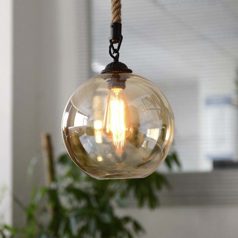 Amber Glass Ball Shade Pendant Light Fixture Vintage Style 1 Light Restaurant Hanging Lamp with Rope