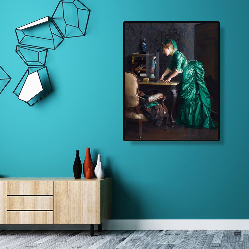 Green Gentlewoman Painting Wall Art Figure Vintage Textured Canvas Print for Room