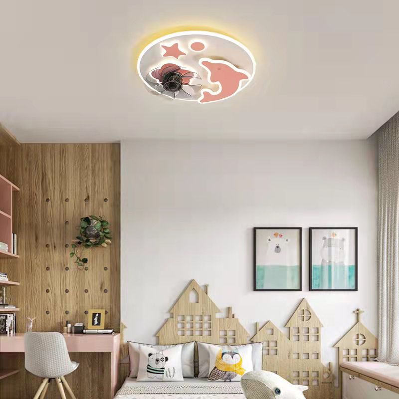 Round Kids Bedroom Ceiling Fan Lamp Metal Cartoon Style LED Semi Flush Light