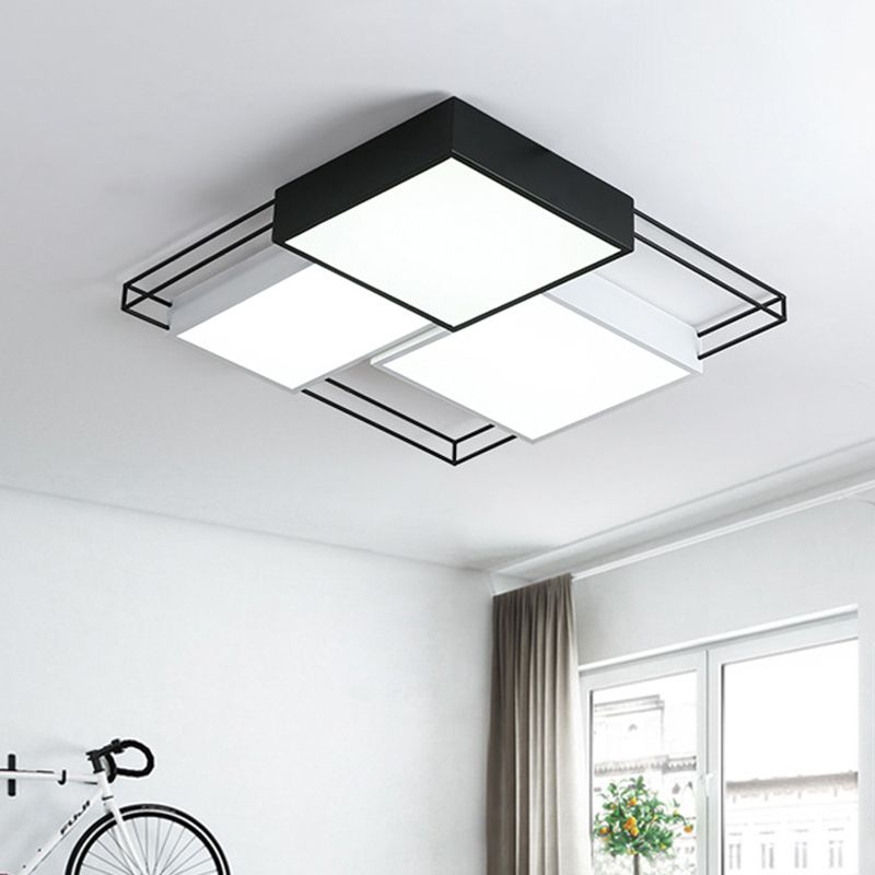 Nordic Style Square Flush Lamp Metal LED Bedroom Ceiling Light Fixture in Black and White, 18"/21.5" Width