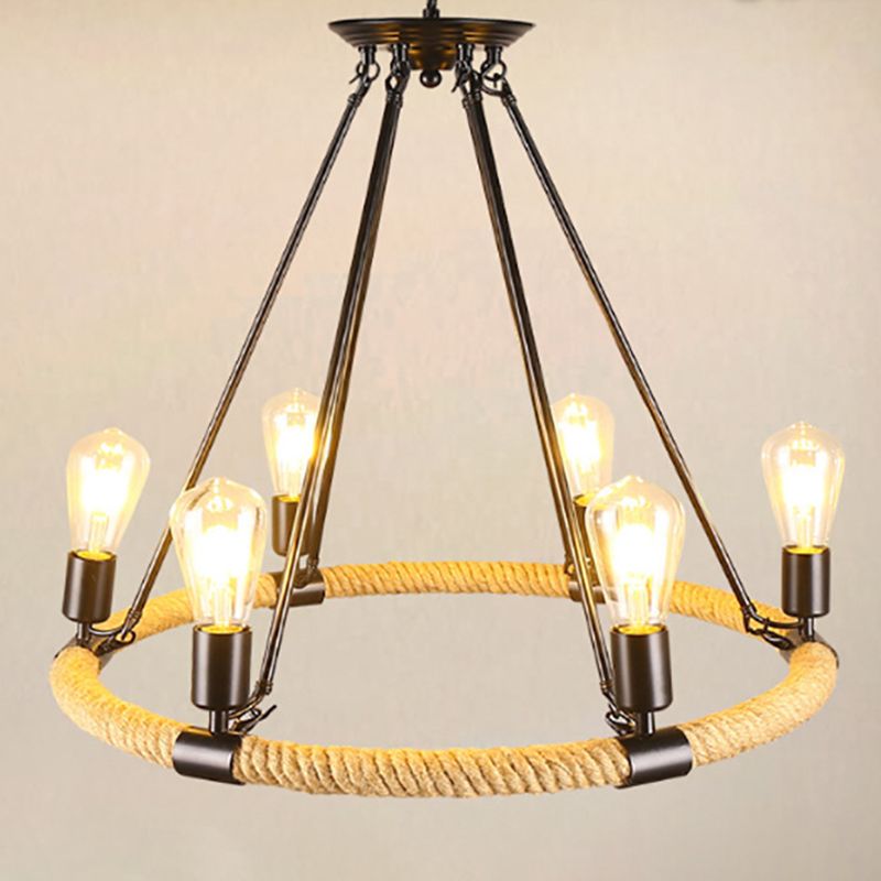 Industrial Chandelier Bare Bulb Manila Rope Retro Coffee Shop Retaurant Indoor Light