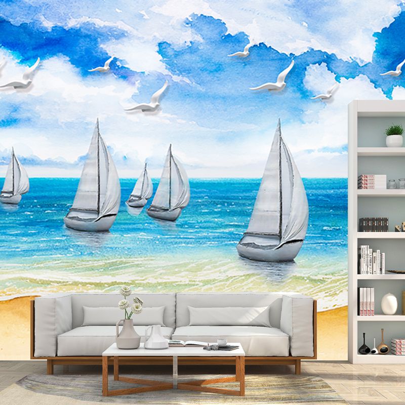 Whole Tropics Wall Paper Murals Blue and White Sailboat on Seashore Painting Wall Art, Custom-Made