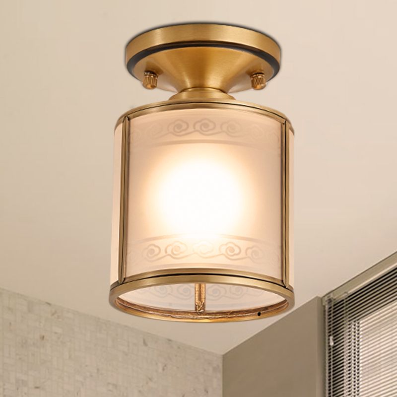 Colonial Cylinder Ceiling Light Fixture 1 Bulb White Glass Flush Mount Lighting in Brass