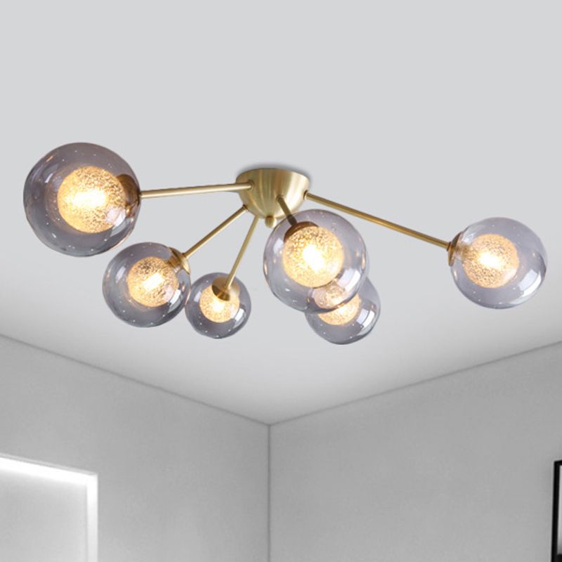 Modern Global Semi Flush Mount Clear/Amber/Smoke Glass 3/6 Lights Led Bedroom Semi Flush Mount Light Fixture in Gold