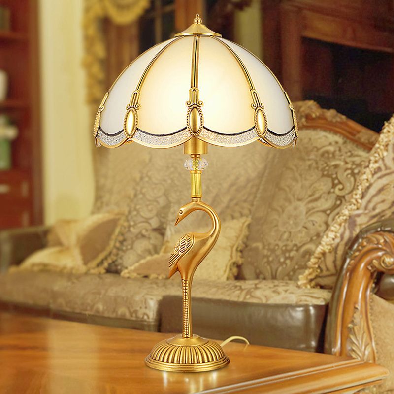 1-Light Night Lamp Vintage Bedroom Table Lamp with Bowl Frosted Glass Shade and Bird Pedestal in Polished Brass