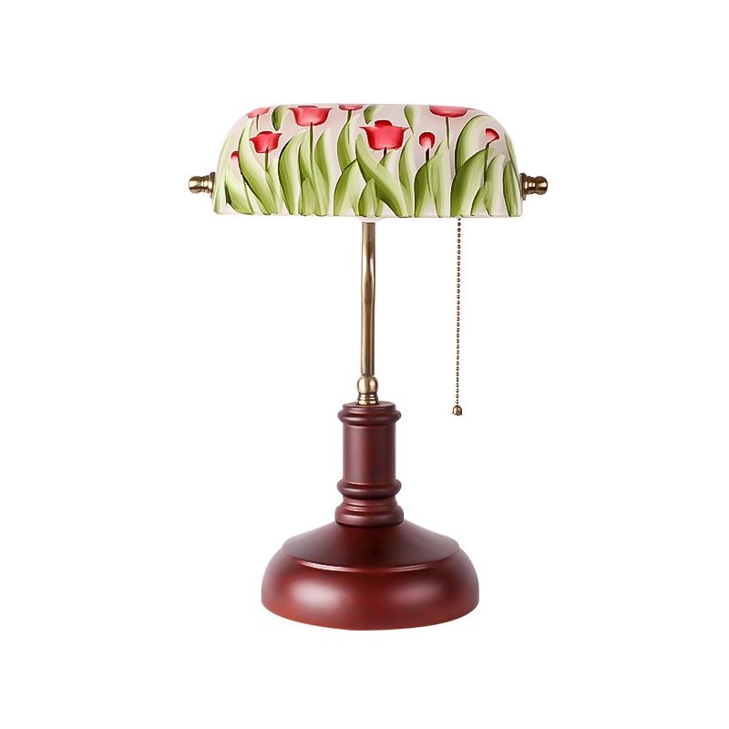 1 Bulb Green Glass Table Lighting Korean Garden Red Brown Flower Bush Pattern Bedroom Nightstand Lamp with Pull Chain