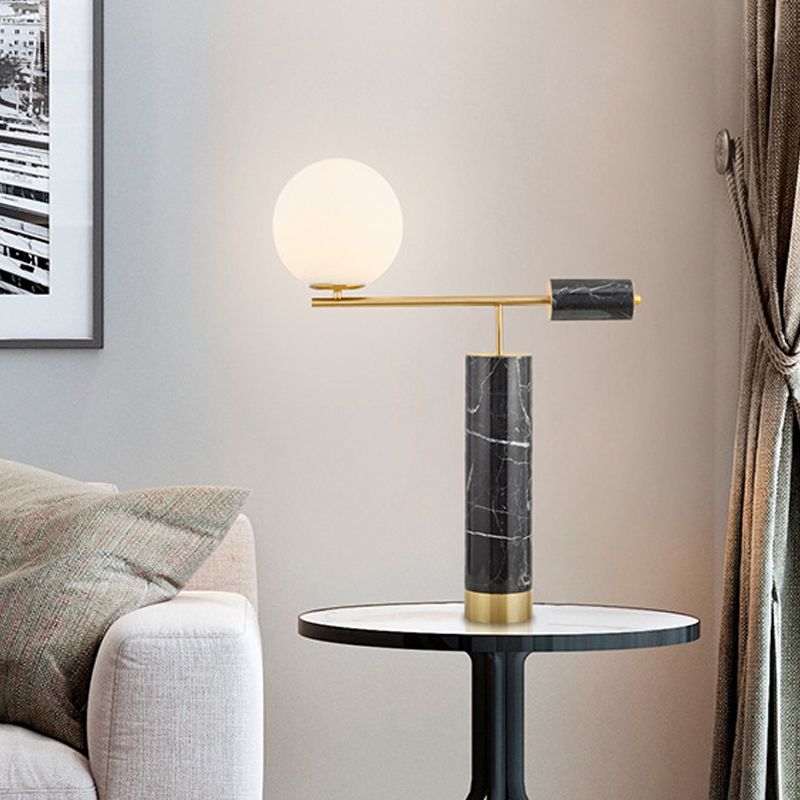 Mini Globe Opaline Glass Table Lamp Designer 1-Light Black Nightstand Light with Marble Column