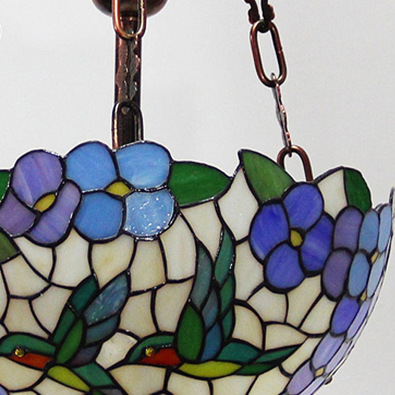 Flower Stained Glass Chandelier Pendant Light Mediterranean 3 Lights Weathered Copper Suspension Lamp