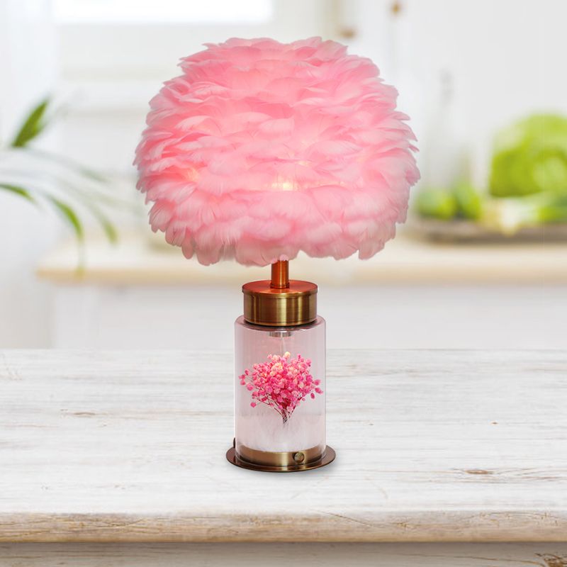 Feather Globe Study Lamp Nordic 1 Bulb Desk Light with Bottle Base and Inner Flower Decor in Grey/White/Pink