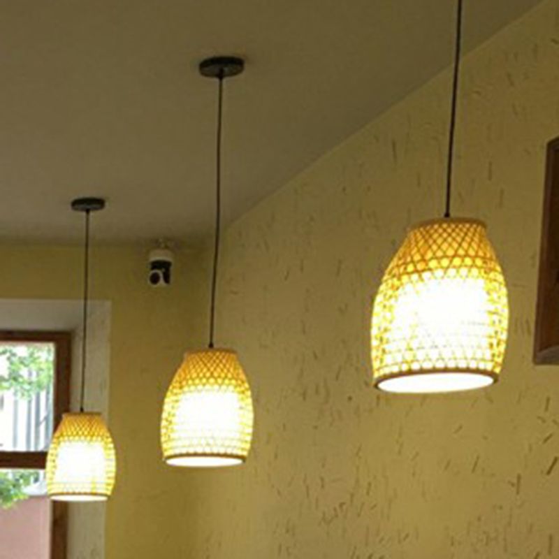 Lampada sospesa a forma di campana di bambù cinese beige a 1 luci per la sala da pranzo