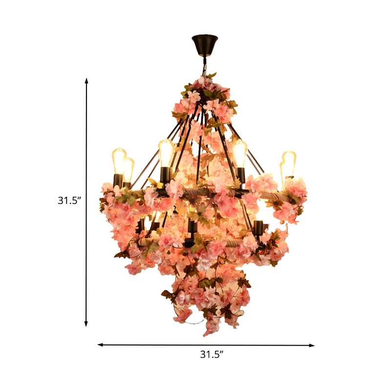 14-Bulb Chandelier Light Fixture Warehouse Bare Bulb Suspension Lamp in Black with Pink Flower and Rope