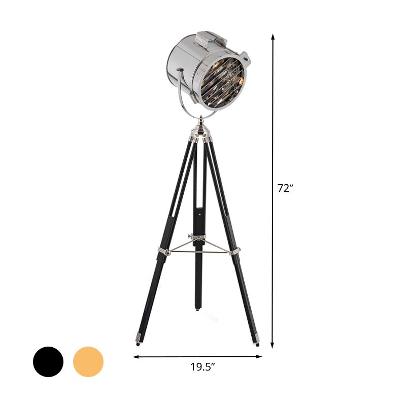 Metallic Cylinder Spotlight Industrial Style 1 Head Living Room Floor Lamp in Black/Wood with Tripod