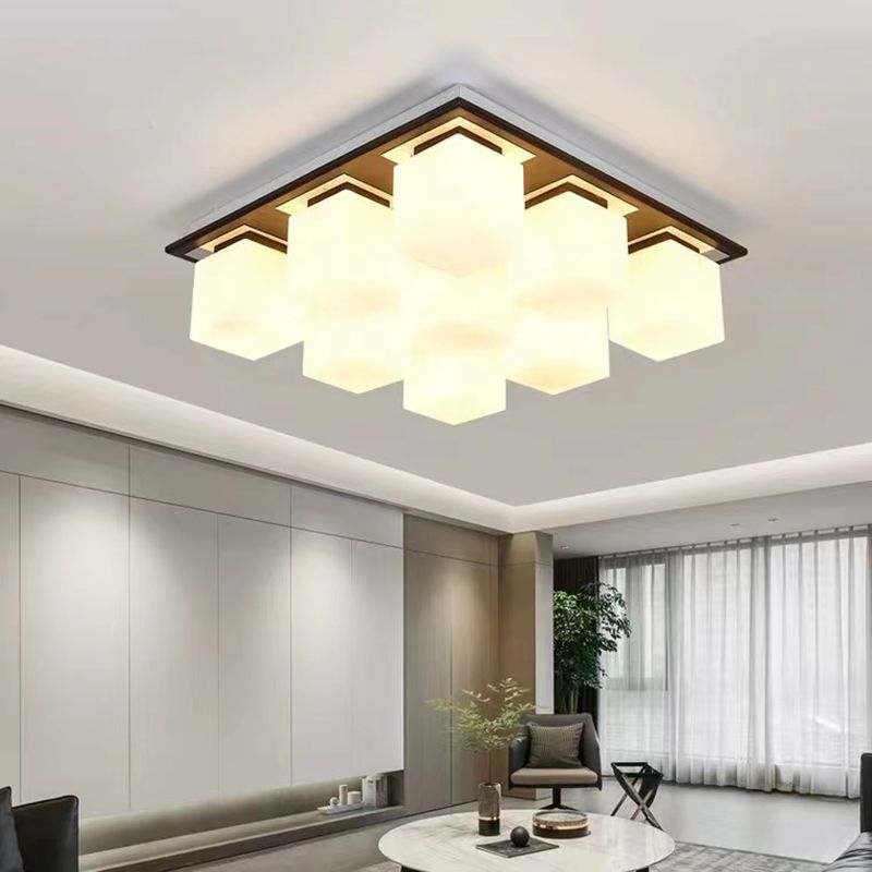 Modern Wood Flush Mount Square Shape Ceiling Light with Glass Shade for Living Room