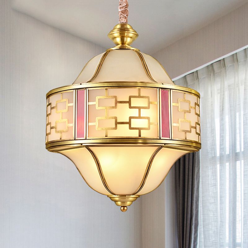 Double Bell Porch Chandelier Light Colonialist Milky Glass 6 Heads Gold Hanging Pendant