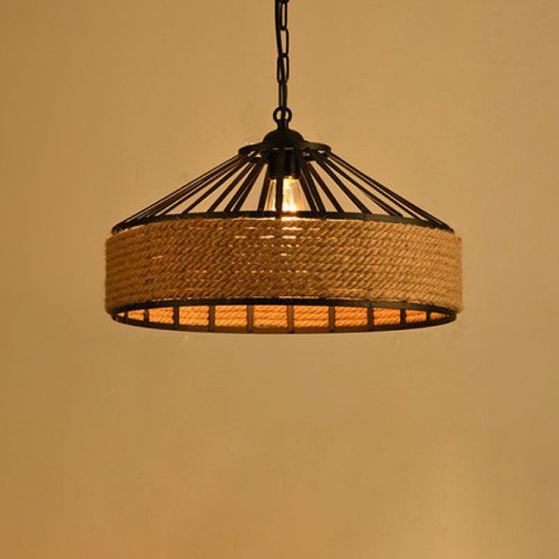 Rope Linen 1-Light Pendant Lamp Drum Vintage Loft Ceiling Fixture for Bar