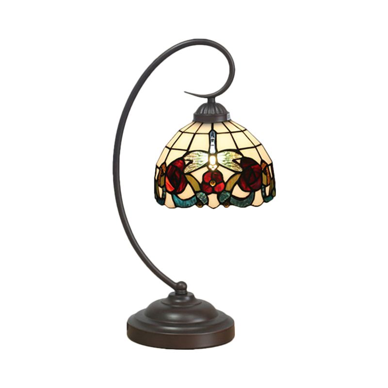 1 Bulb Dome Shaped Night Table Light Tiffany Dark Coffee Stained Glass Nightstand Lamp with Butterfly and Flower Pattern