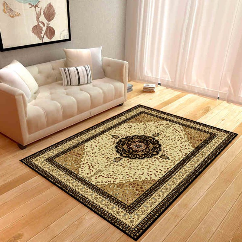 Yellow Tone Flower Rug Polyester Classical Anti-Slip Backing Indoor Rug for Living Room