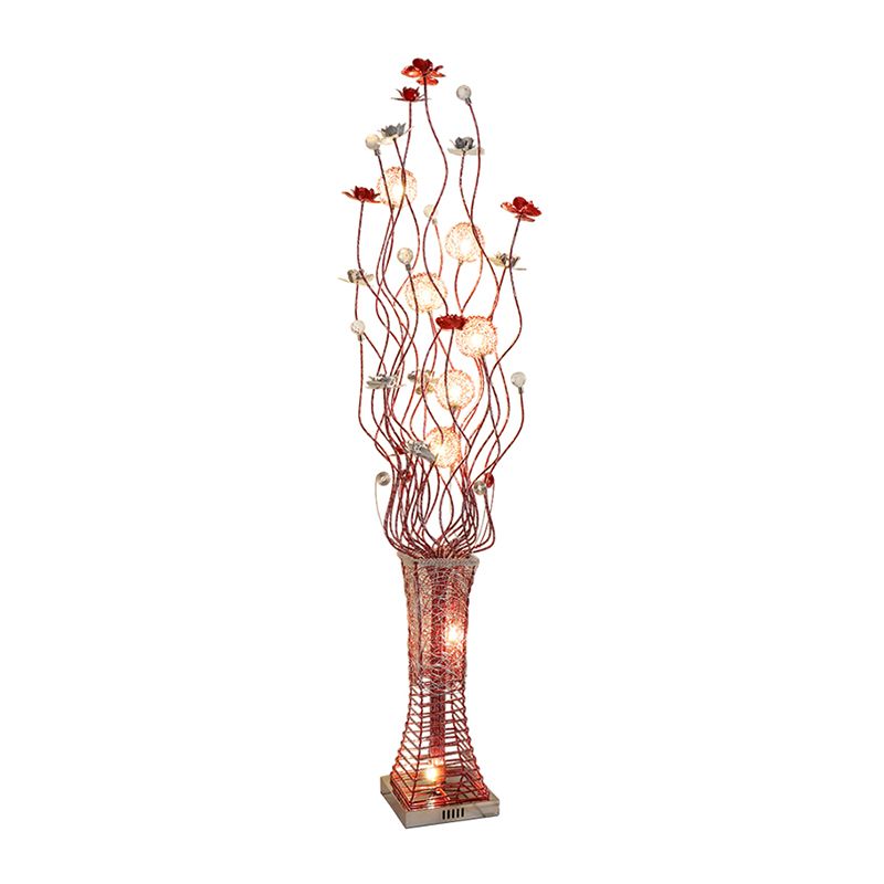 Metallic Red Floret Floor Lighting Trapezoid LED Art Decor Stand Up Lamp with Tree Branch Design