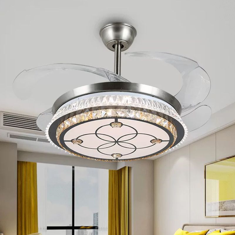 Silver Layered 4 Blades Semi-Flush Mount Modernism LED Crystal Pendant Fan Light Fixture, 19" Wide