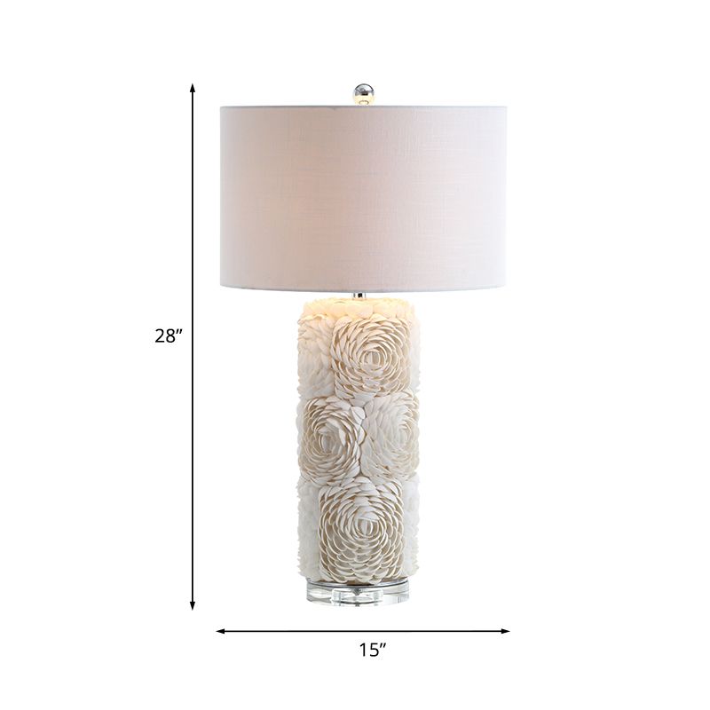 1 Bulb Floral Pillar Table Light Minimalistic White Shell Night Lamp with Drum Fabric Lamp Shade