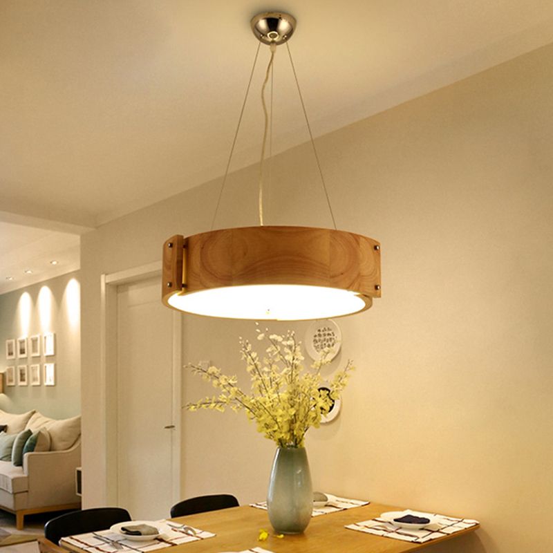 Natural Wood 1 Light Hanging Light Modern Simple Drum Pendant Ceiling Light for Restaurant