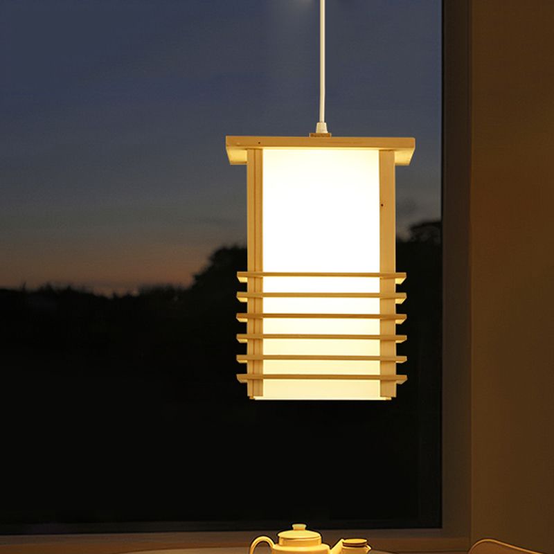 Pinewood Ceiling Hanging Lantern Japanese Style 1 Head Beige Pendant Light with Cage Guard for Restaurant